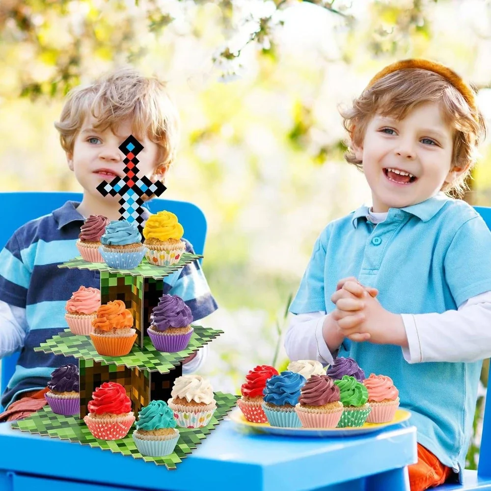 Minecraft Style Pixelated 3 Tier Cupcake Stand Gaming Party Dessert Tower NEW‎